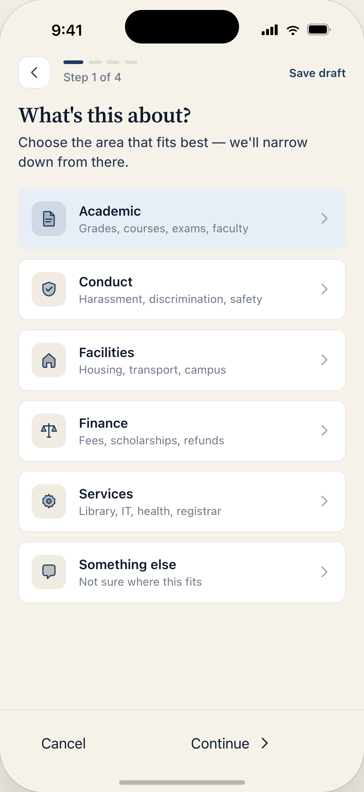 Student app — choose a complaint category