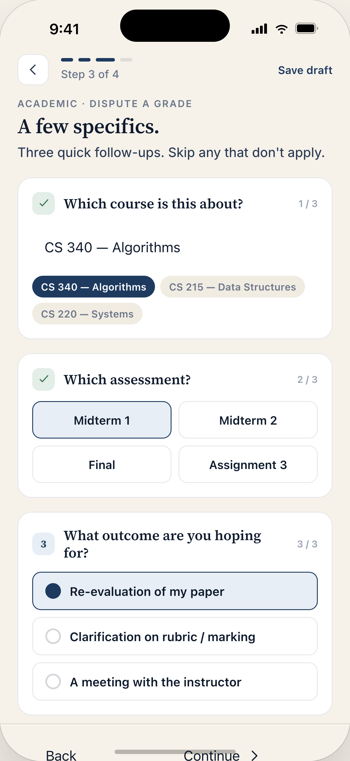Student app — branching follow-up questions