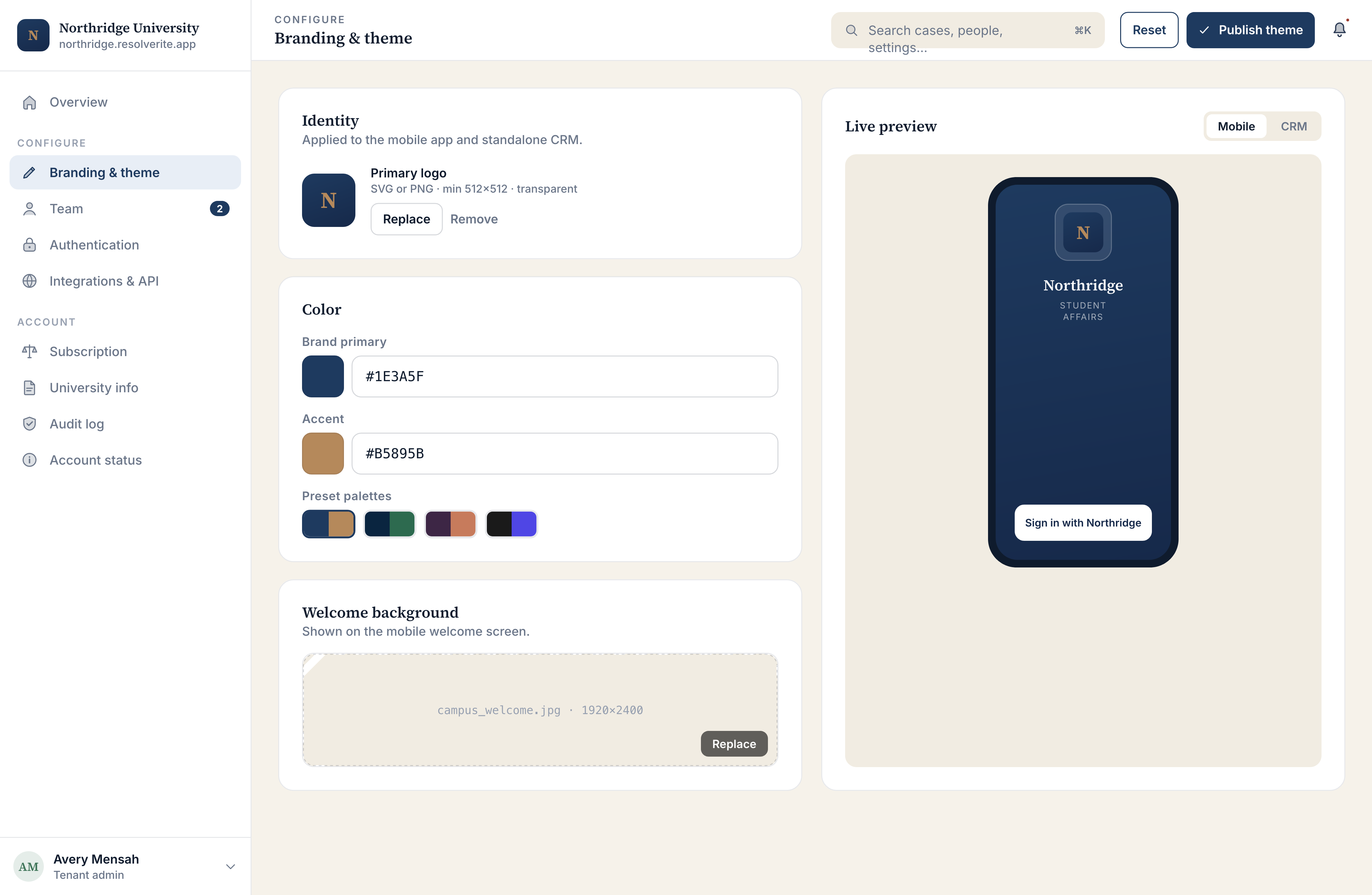 ResolveRite university admin dashboard — branding & theme